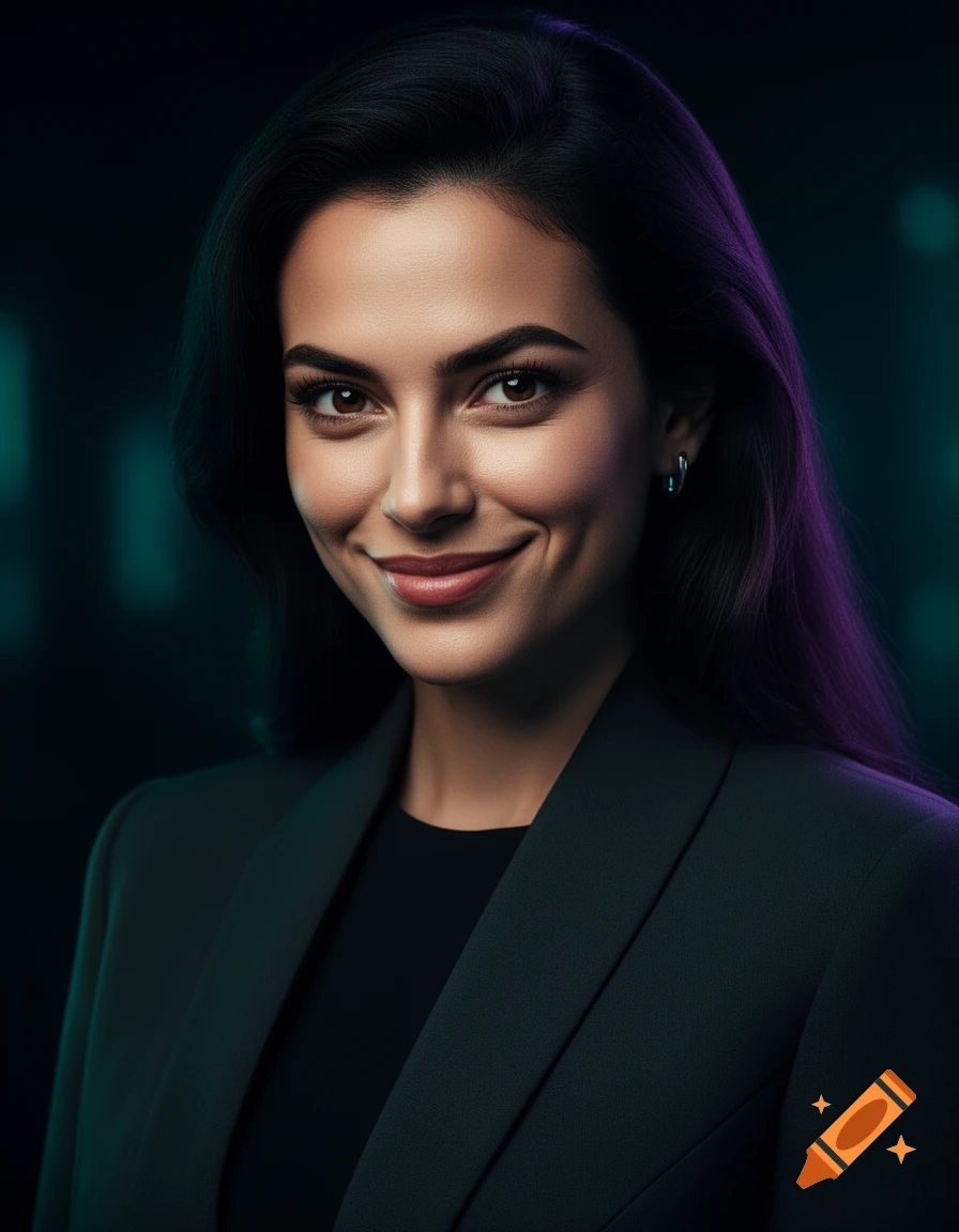 Photorealistic portrait of a dark-haired woman in a dark blazer, smiling with a subtle smirk under moody lighting.