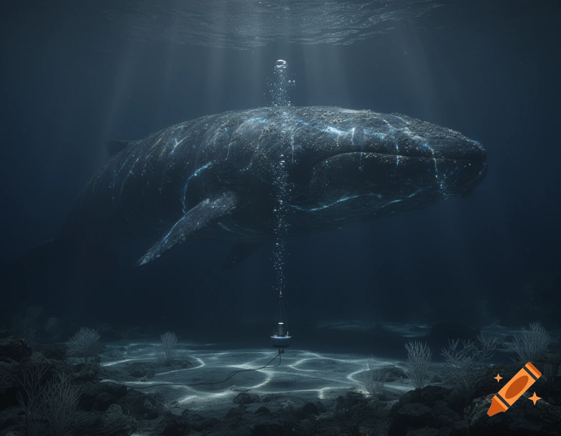A large whale with bioluminescent blue markings swims in deep, dark ocean waters, with a scientific instrument on the seabed below.
