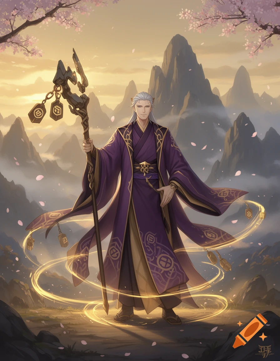 A white-haired male character in a purple and gold robe holds an ornate staff amidst a misty mountain landscape with cherry blossoms and glowing gold rings.