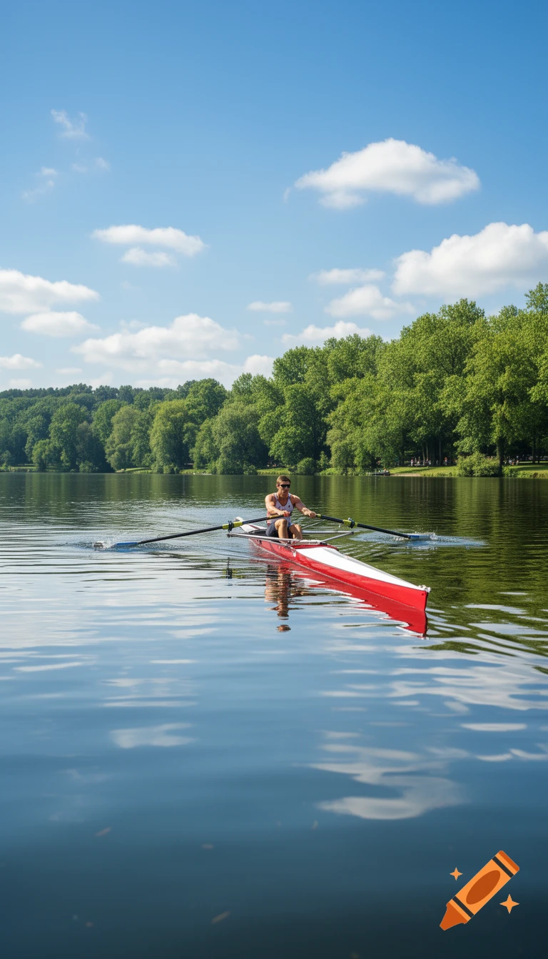 A man rows a red and white scull on a calm lake, with a forested shore under a blue sky.