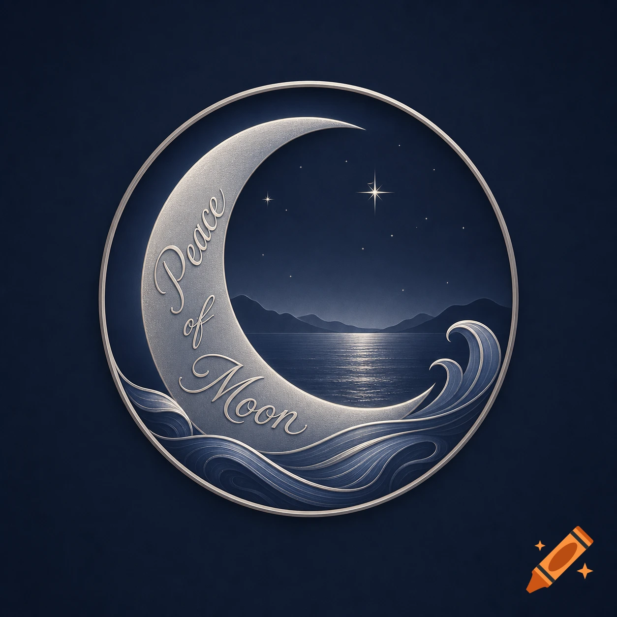 A circular logo featuring a silver crescent moon with 'Peace of Moon' text, set against a dark blue night sky with stars, ocean, and mountains.