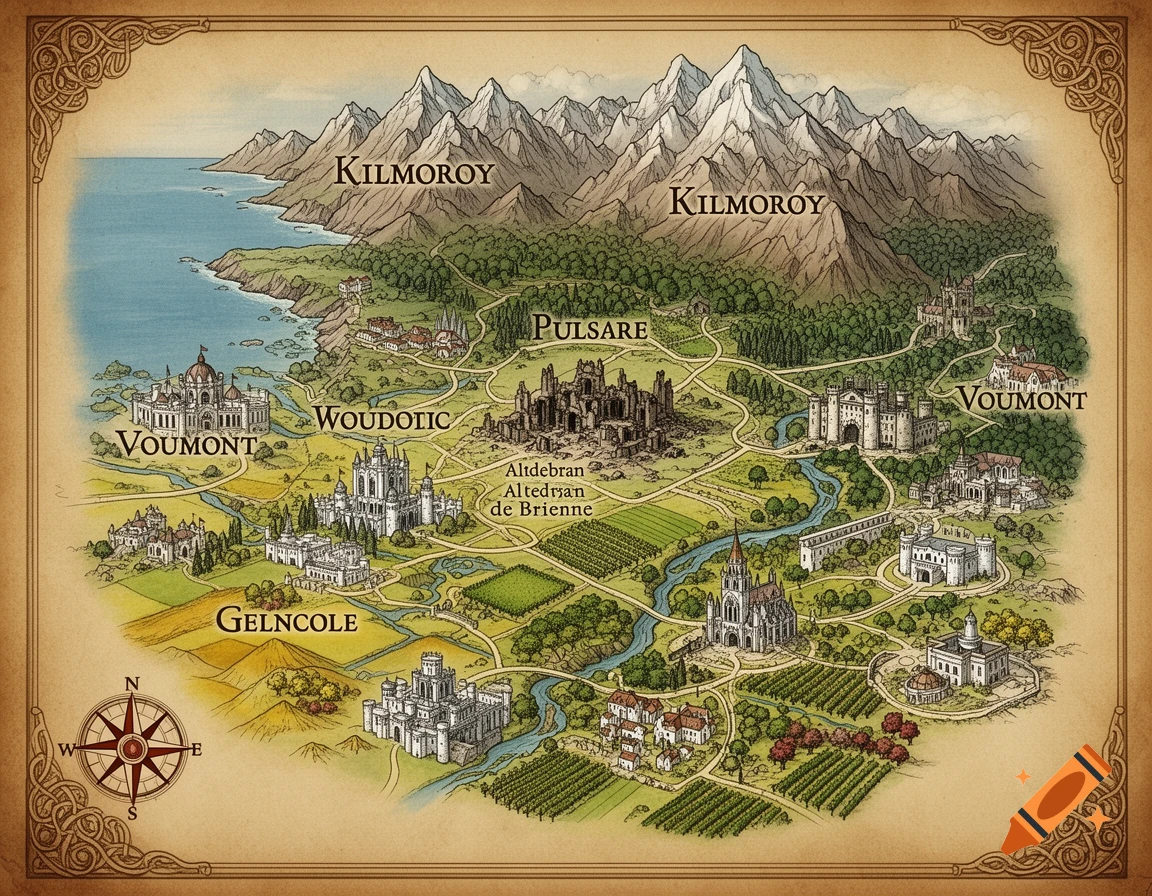 A detailed, hand-drawn fantasy map in medieval parchment style, showing a continent with mountains, forests, rivers, cities, castles, and a compass rose. Place names like Kilmoroy, Pulsare, Voumont, Woudodic, Gelncole are visible.