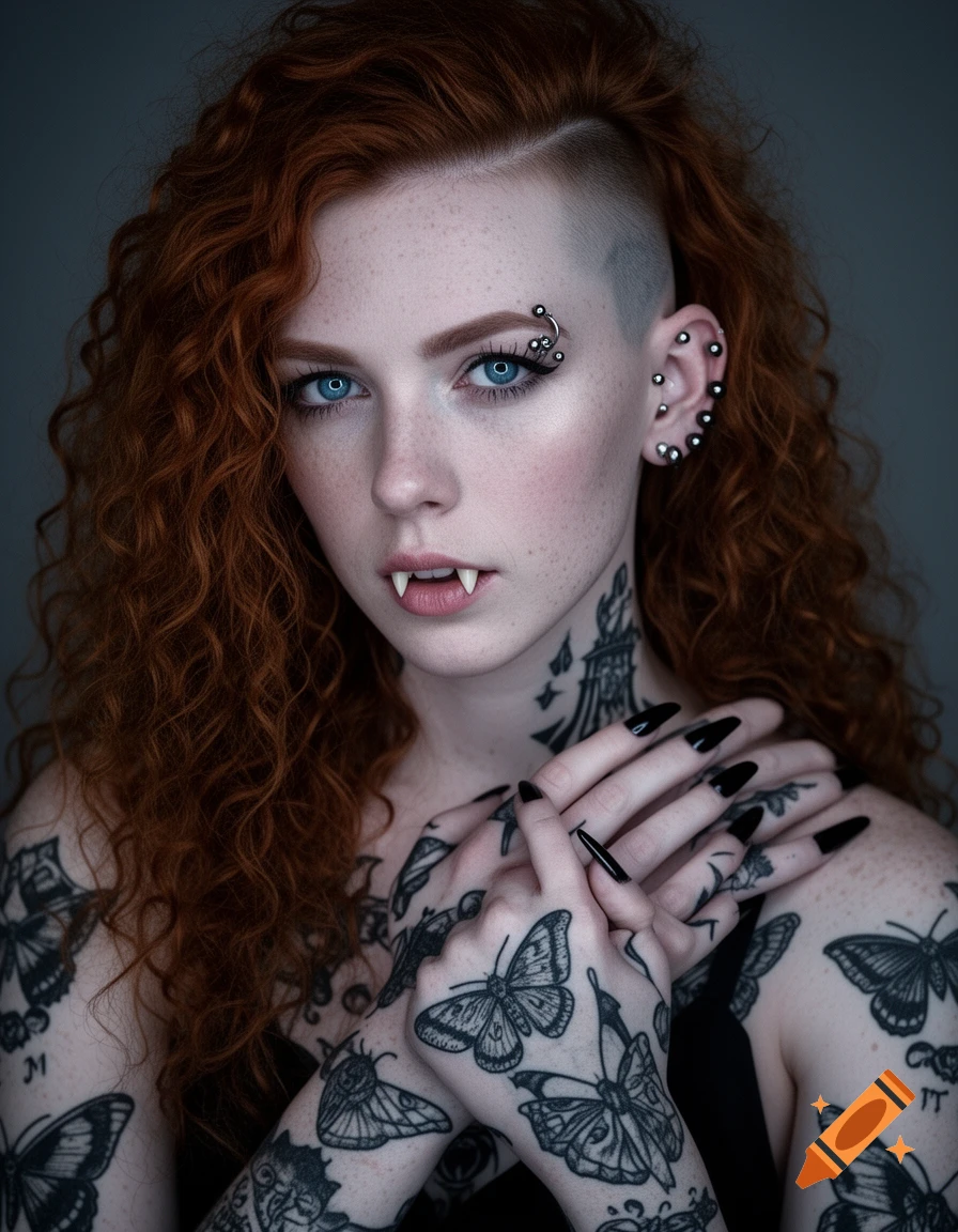 A pale woman with long red curly hair, an undercut, blue eyes, and fangs. She has numerous ear and eyebrow piercings, black stiletto nails, and is heavily tattooed with moths and butterflies on her arms and hands.