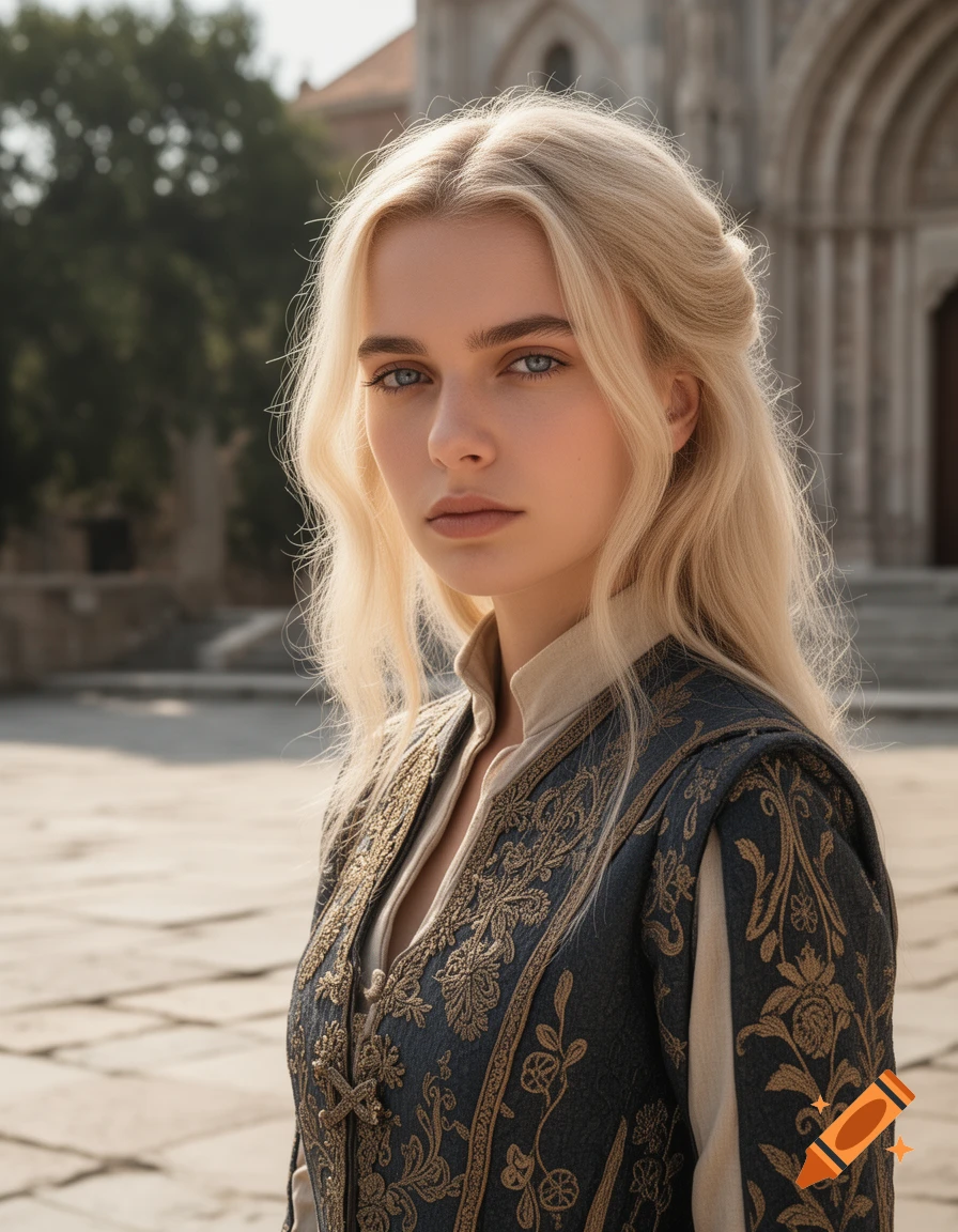 Photorealistic portrait of a young blonde woman with blue eyes, wearing an ornate historical dress, standing outdoors in front of a stone building.