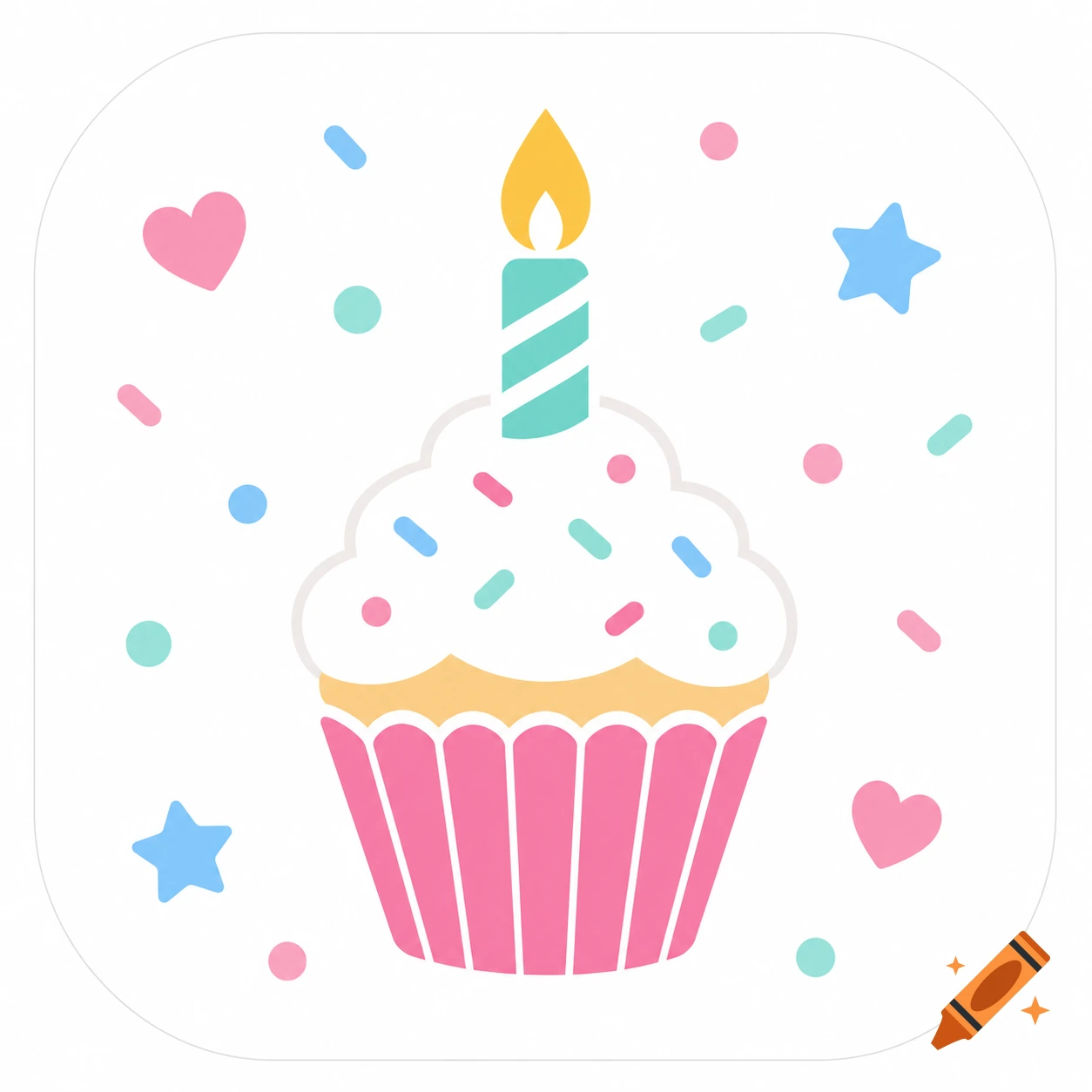 Cartoon birthday cupcake with a lit candle, colorful sprinkles, hearts, and stars on a white background.