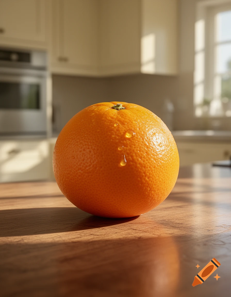A fresh orange with water droplets rests on a wooden kitchen counter, bathed in sunlight, with a blurred modern kitchen in the background.