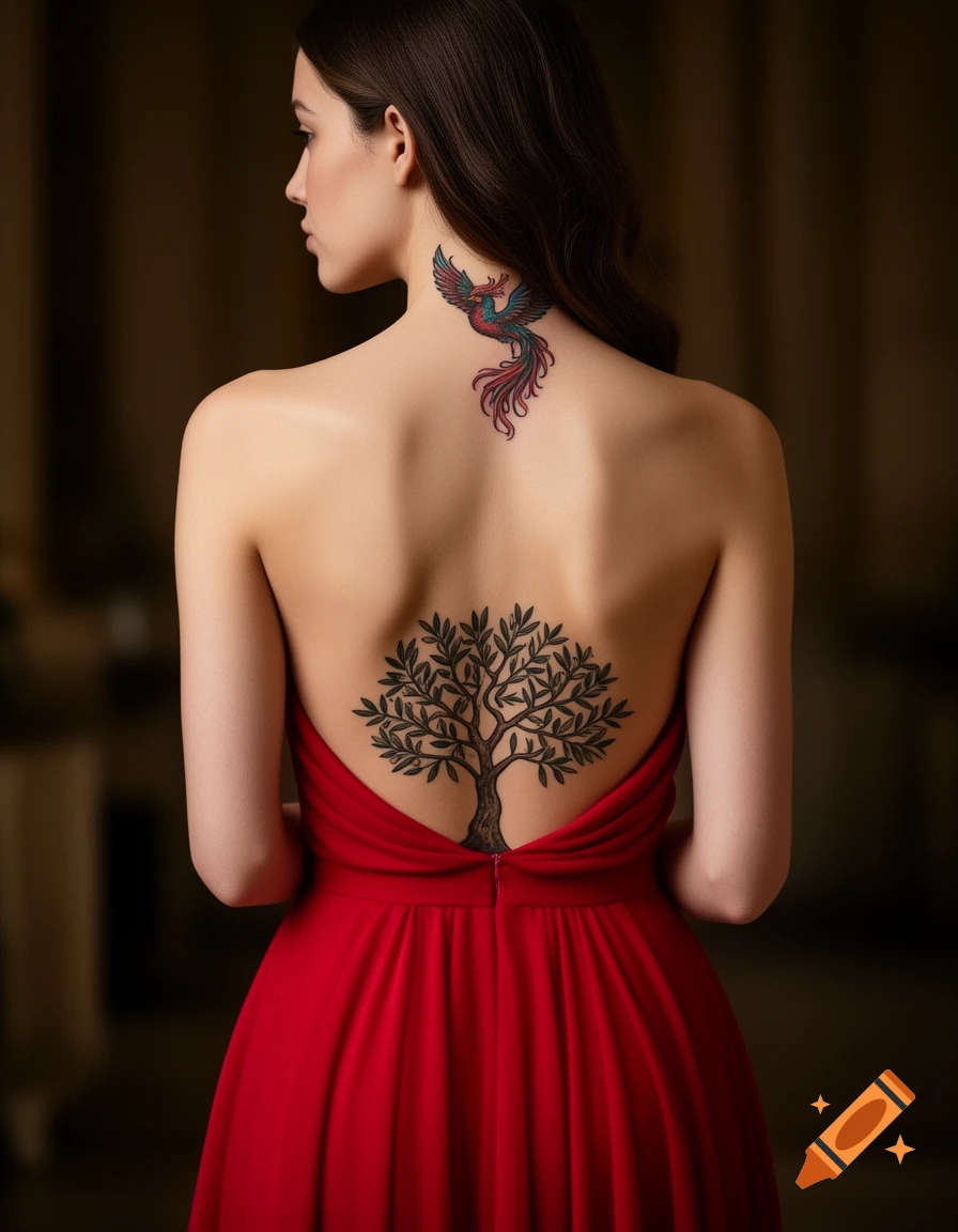 A woman from behind in a red backless dress with a phoenix neck tattoo and an olive tree back tattoo.