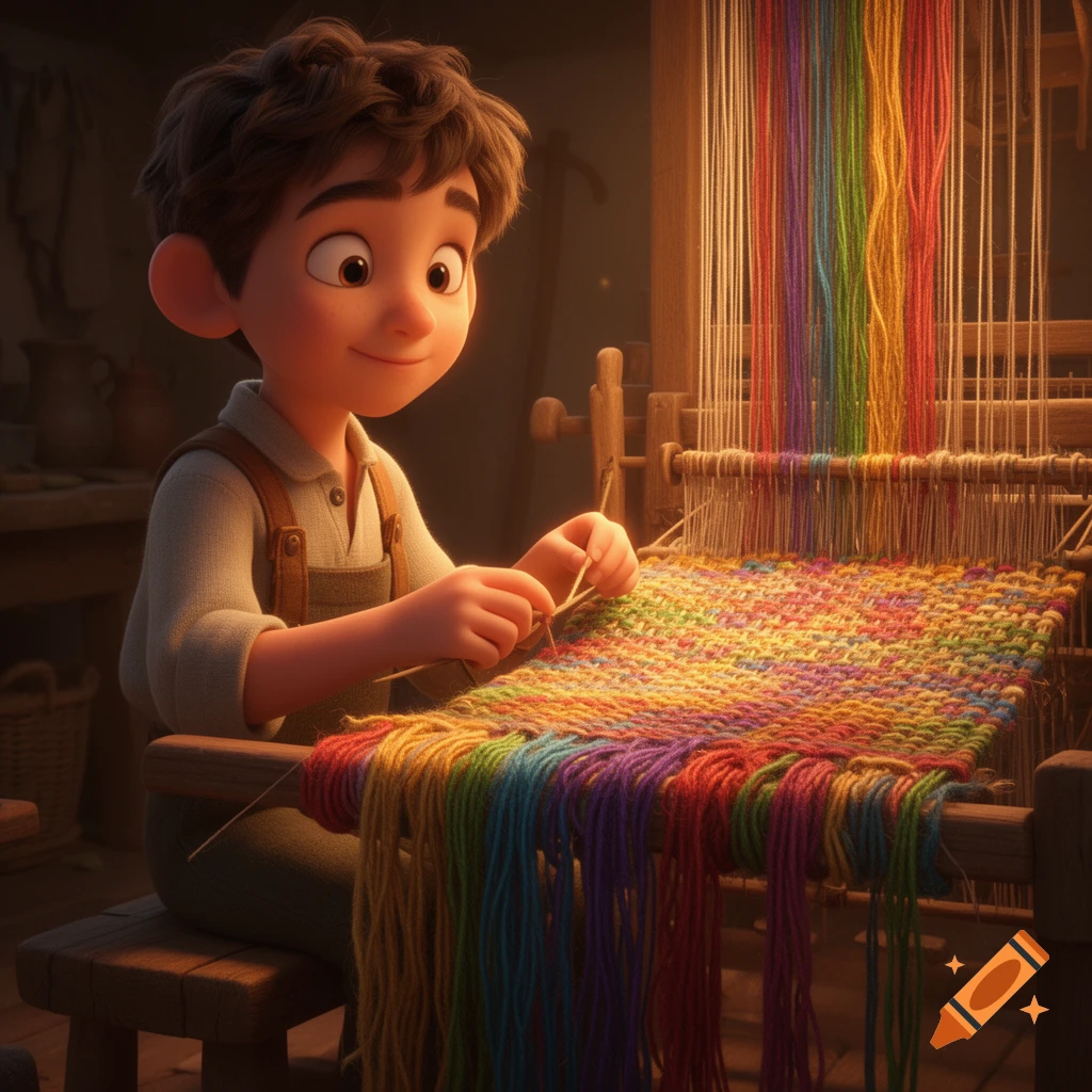 A smiling young boy in 3D Pixar style weaves a vibrant rainbow fabric on a wooden loom in a warm workshop.