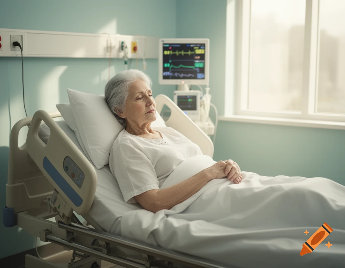 Photorealistic image of an elderly woman with grey hair resting in a hospital bed with medical equipment nearby.