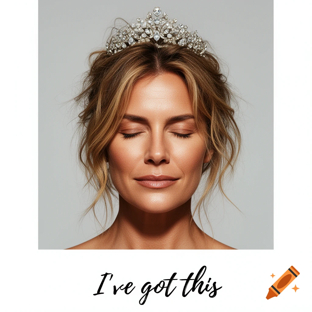 Photorealistic close-up portrait of a woman with closed eyes and a jeweled tiara. The text 'I've got this' is below her.