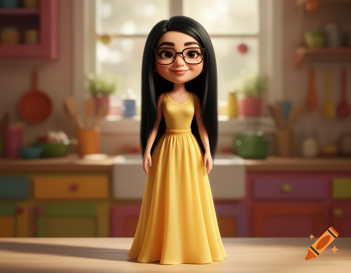 A cute 3D cartoon girl with long black hair and glasses wearing a yellow maxi dress stands in a colorful kitchen.