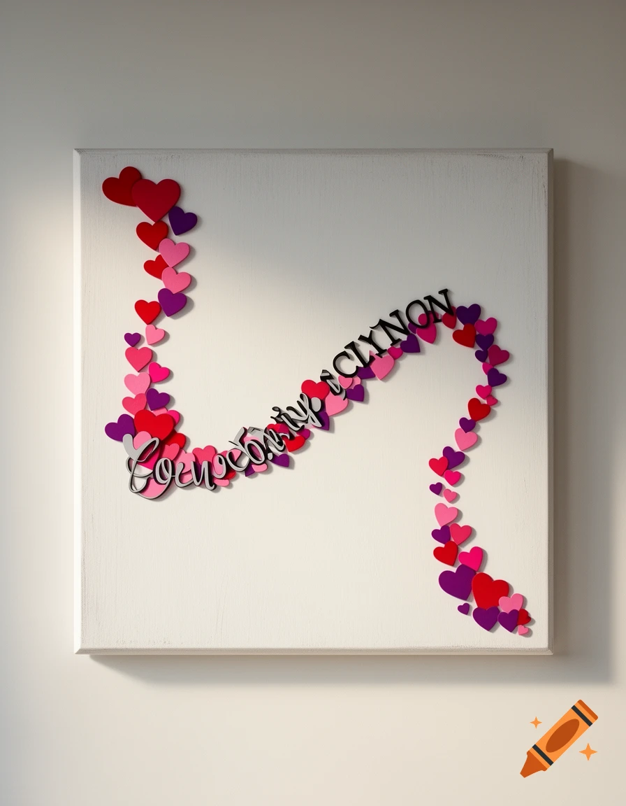 White canvas artwork featuring a winding path of red, pink, and purple hearts, with black cursive text "Coeur d'or CLYNON".
