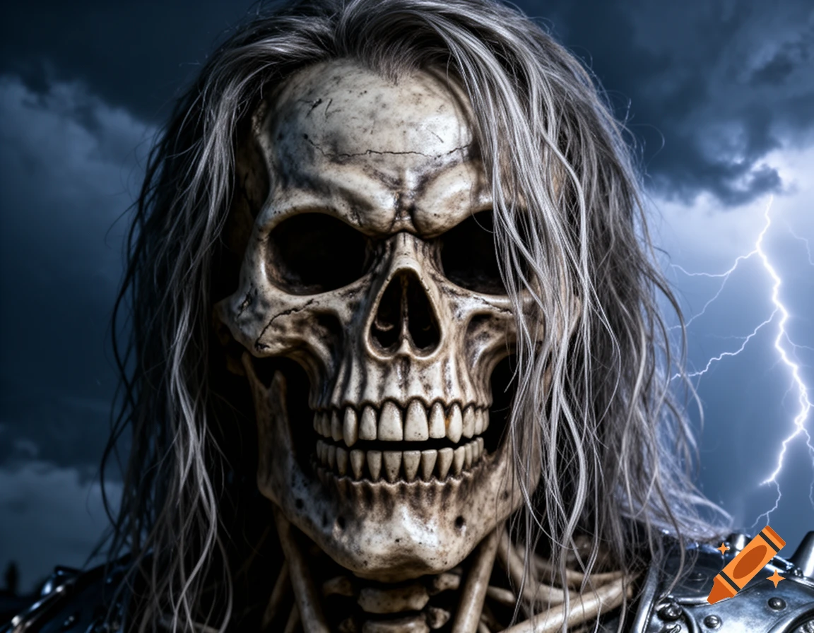 A detailed skeletal figure with long gray hair and armor, against a dark, stormy sky with lightning.