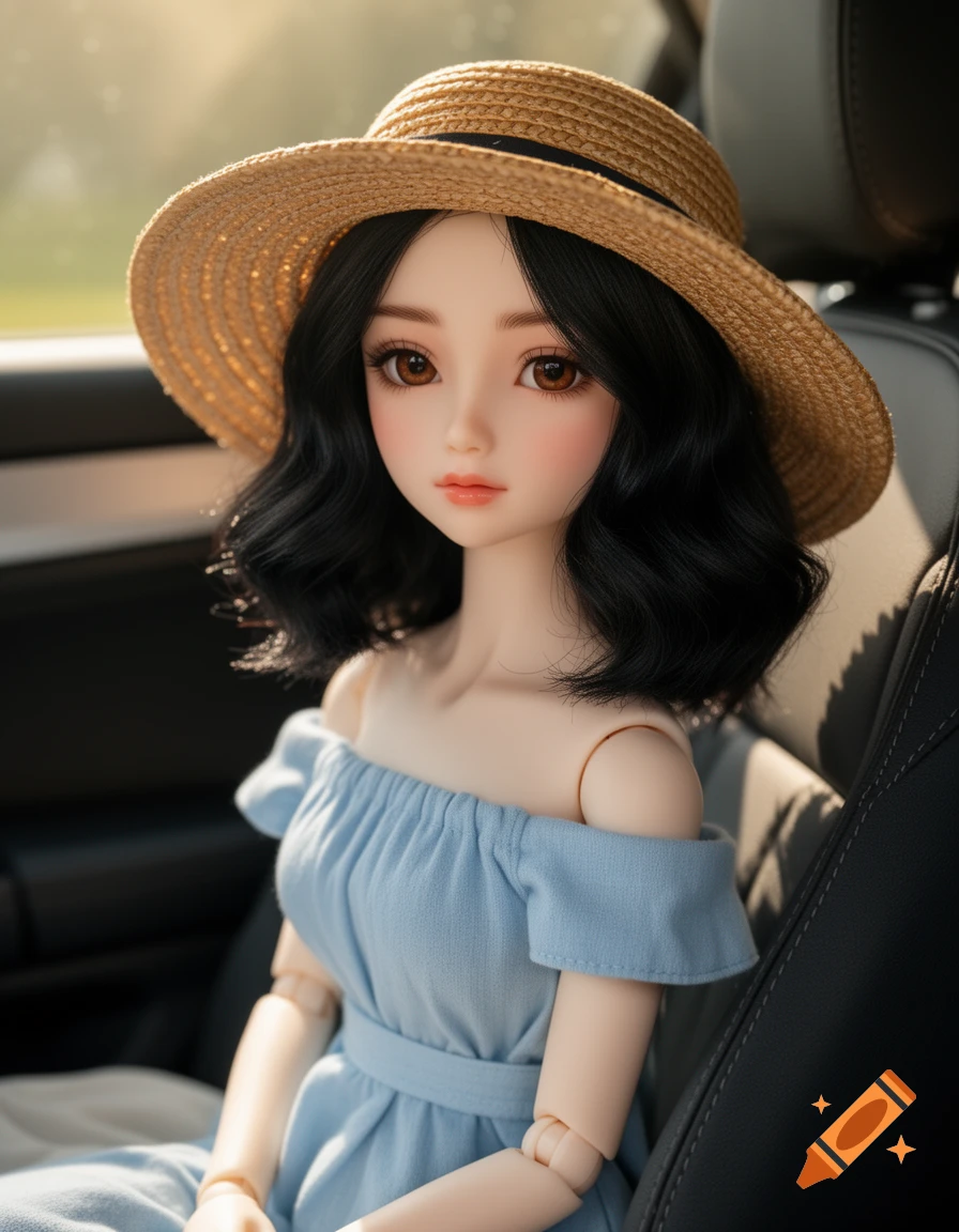 Photorealistic image of a BJD doll with black wavy hair, wearing a straw hat and a light blue off-shoulder dress, sitting in a car.
