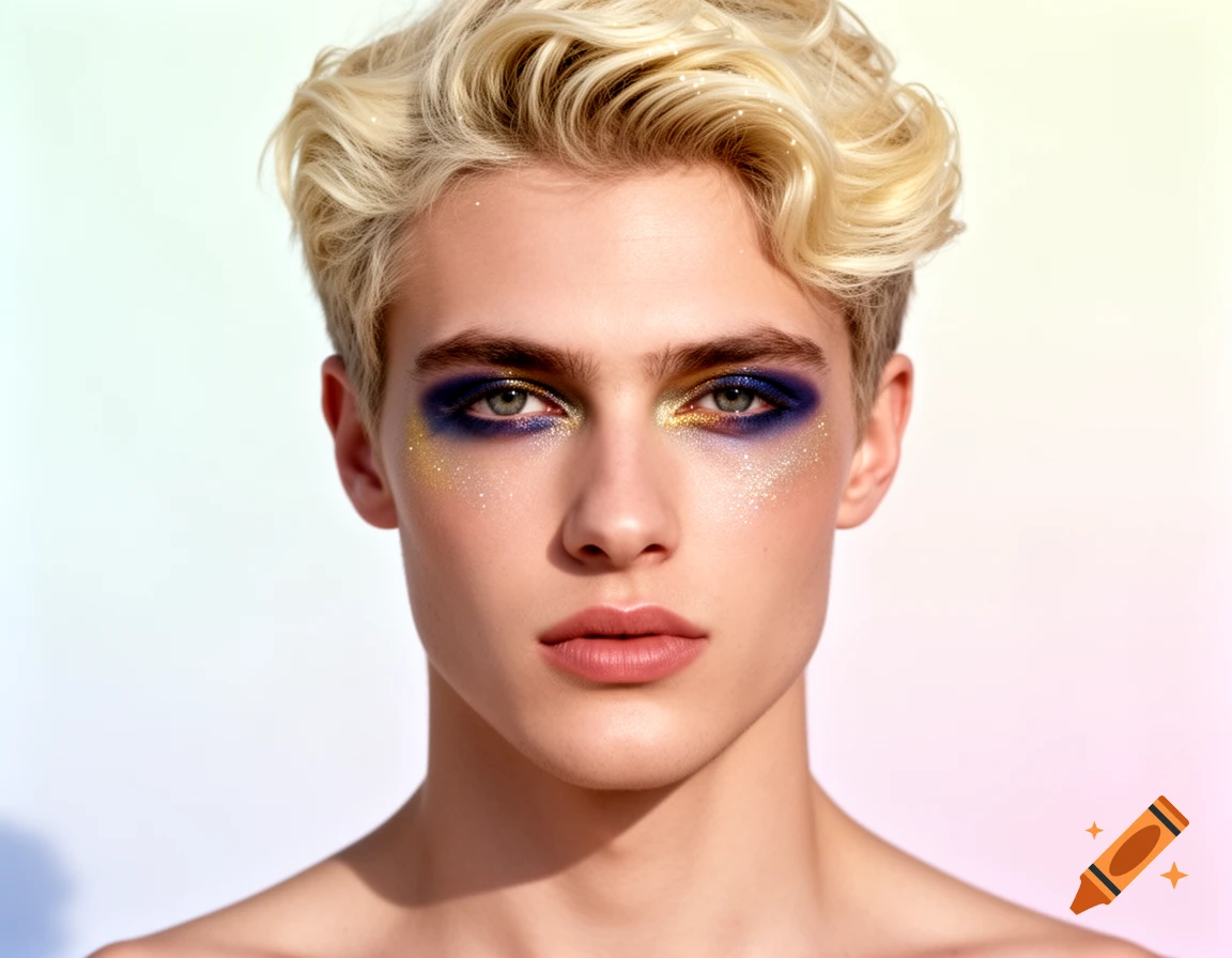 Close-up portrait of a blond person with blue and gold glitter eye makeup.