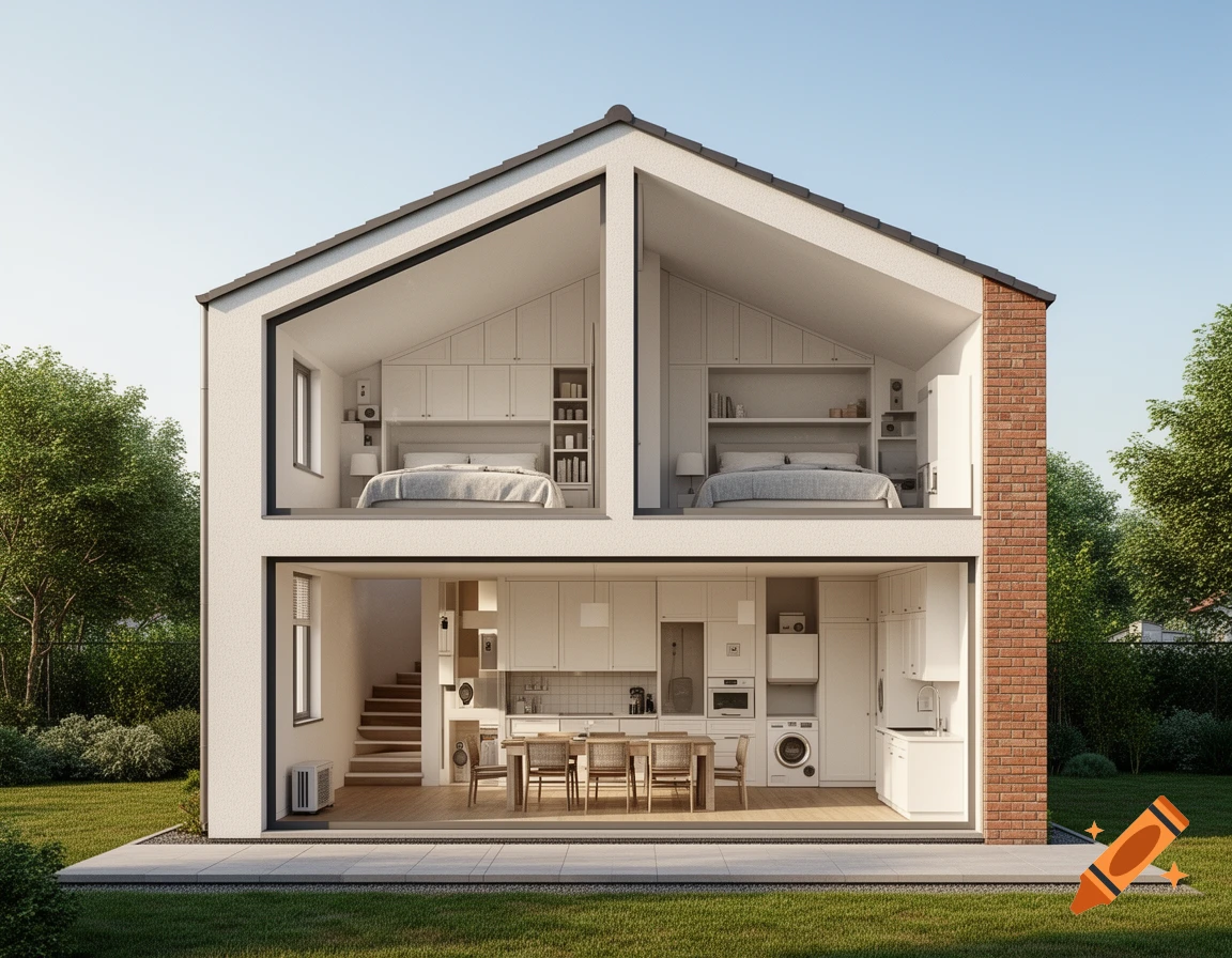 Photorealistic cross-section of a modern two-story house with an open-plan ground floor and two attic bedrooms with sloped ceilings.