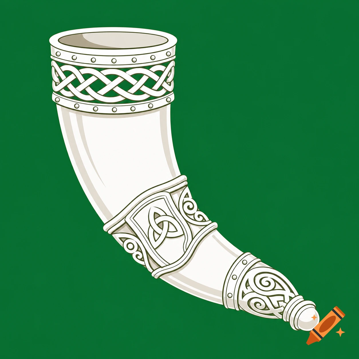 White Viking drinking horn with Celtic knot patterns on a dark green background, vector illustration.
