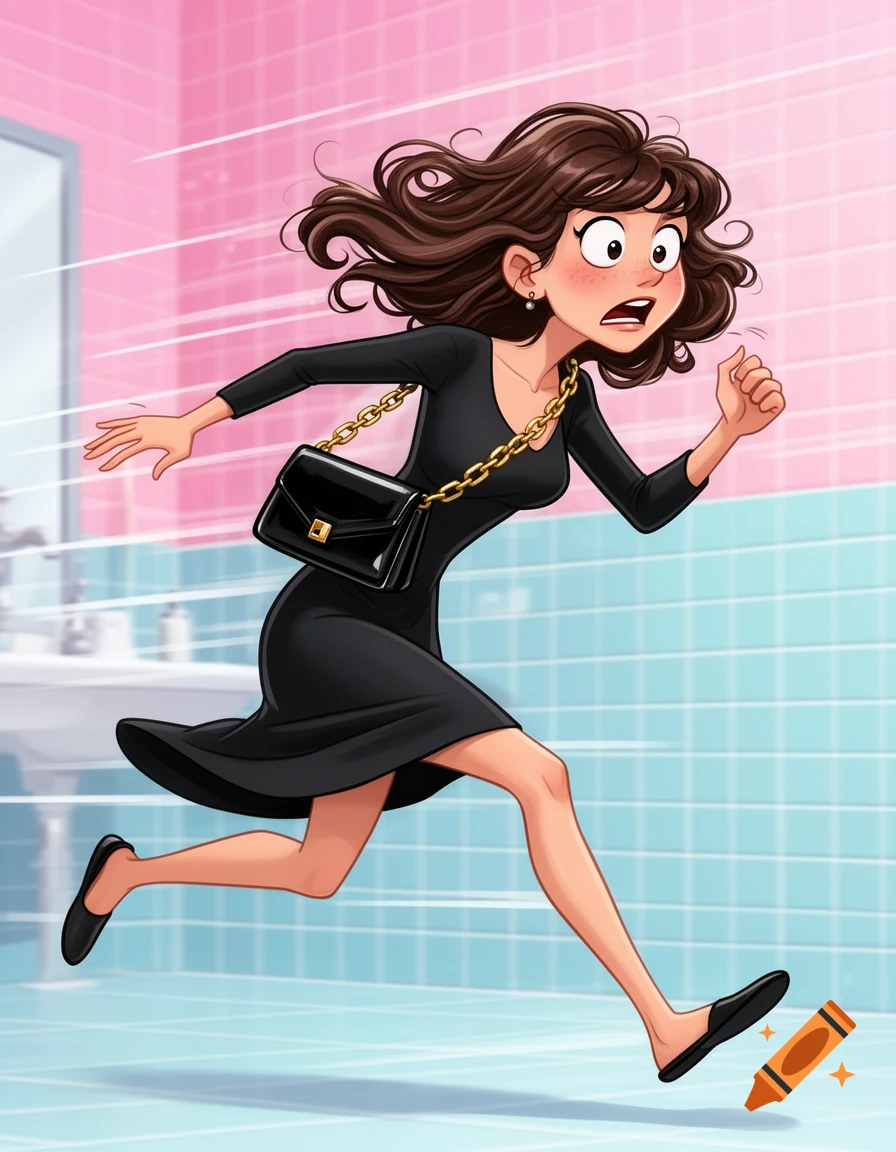 A cartoon woman with brown hair, a black dress, and a black purse runs in a bathroom with pink and blue tiles.