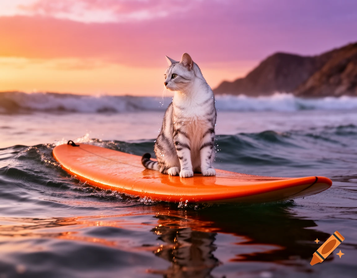 A photorealistic image of a striped cat sitting calmly on an orange surfboard in the ocean at sunset with mountains in the background.