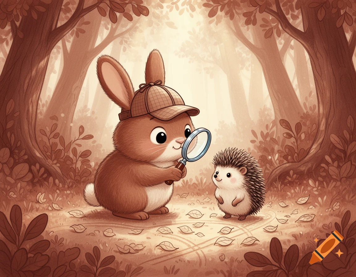 A cute brown bunny detective in a hat examines a hedgehog with a magnifying glass in a warm, sepia-toned forest, children's illustration.