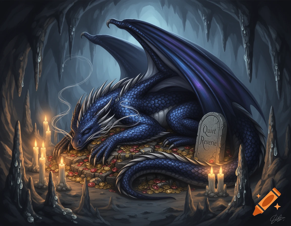 A blue dragon sleeps on a pile of gold and gems in a dark cave, surrounded by lit candles and a tombstone labeled 'Quiet Reverie'.