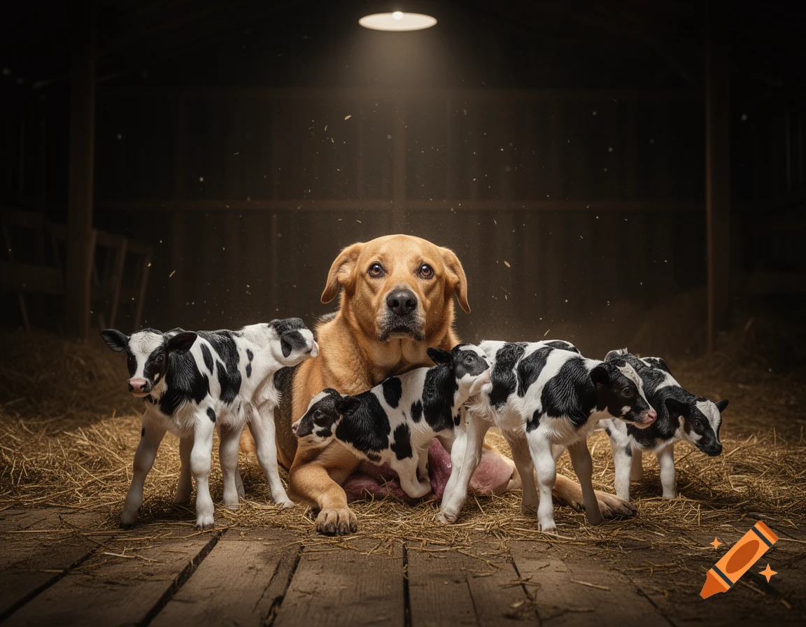 A golden retriever dog lies in a dimly lit barn surrounded by several small black and white calves on hay and wooden floorboards.