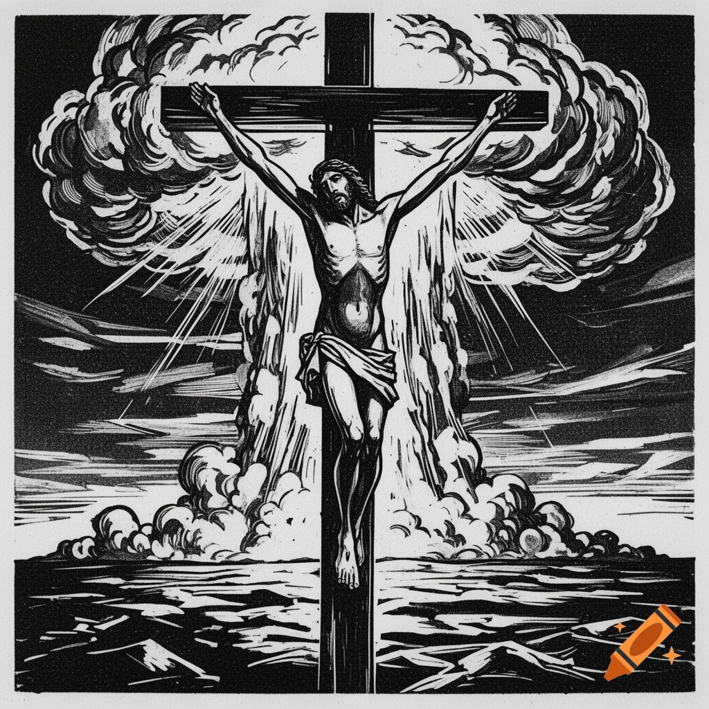 Black and white woodcut of Jesus on a cross with dramatic clouds resembling a nuclear explosion behind him.