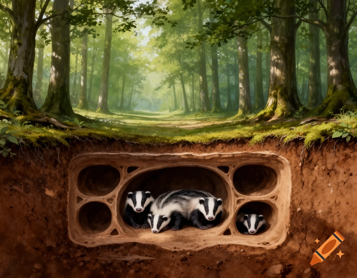 Illustration of a cross-section of a badger sett underground with several badgers, beneath a lush green forest.