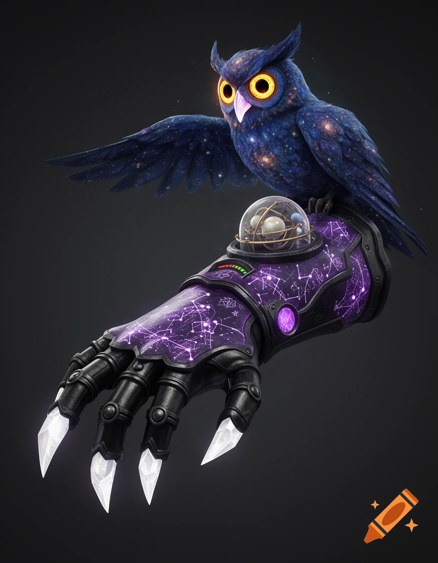 A cosmic owl with deep-blue nebulae plumage and glowing yellow eyes perches on a sci-fi gauntlet etched with purple star maps and crystal claws.