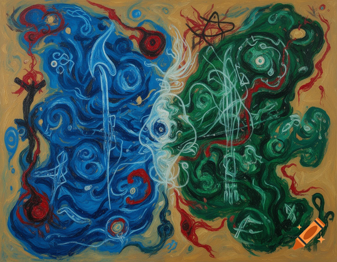 An abstract neo-expressionist painting featuring swirling masses of blue and deep green, with accents of white, red, and ochre.