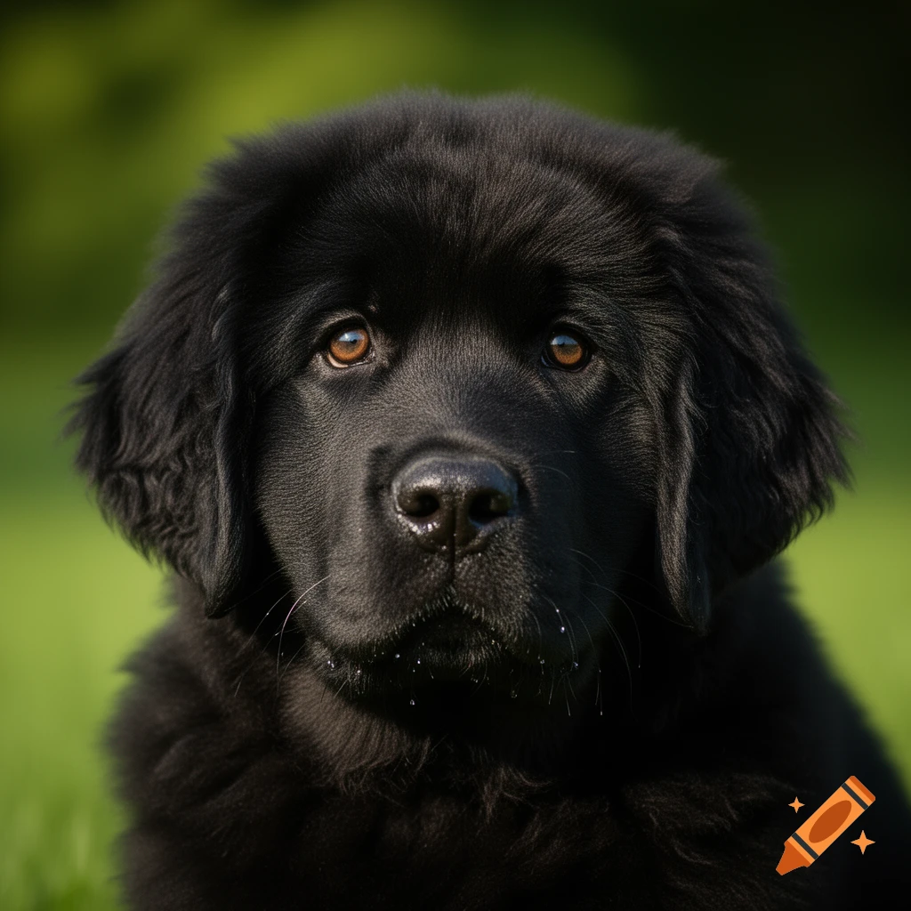Close-up photorealistic portrait of a fluffy black Newfoundland puppy with warm brown eyes, against a blurred green background.