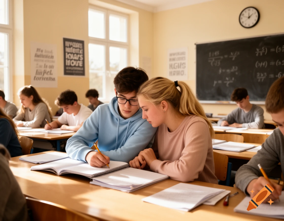 Two students lean together, writing in notebooks at a wooden desk in a bright classroom with other students, a blackboard, and posters.