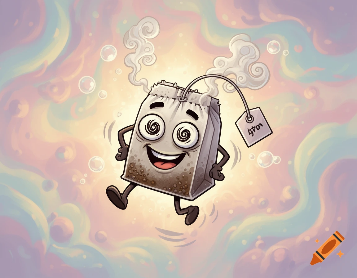 Cartoon happy teabag with spiral eyes and steaming string tag, against a soft pastel background with bubbles.