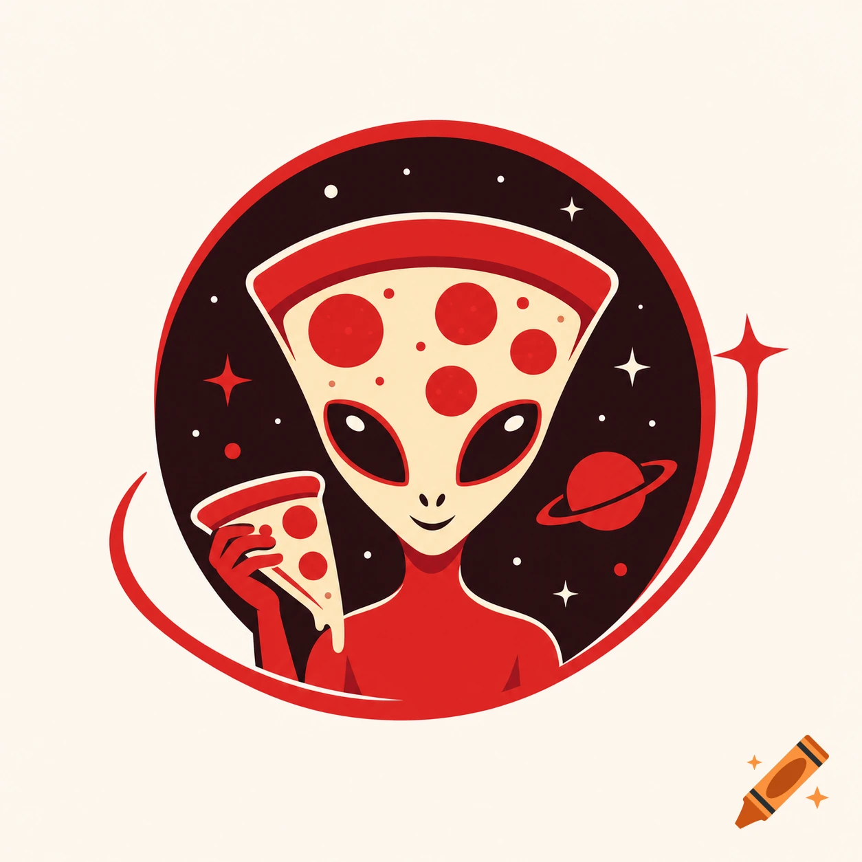 Minimalist logo of a red alien with a pizza slice head, holding a pizza, in a space setting with a planet.