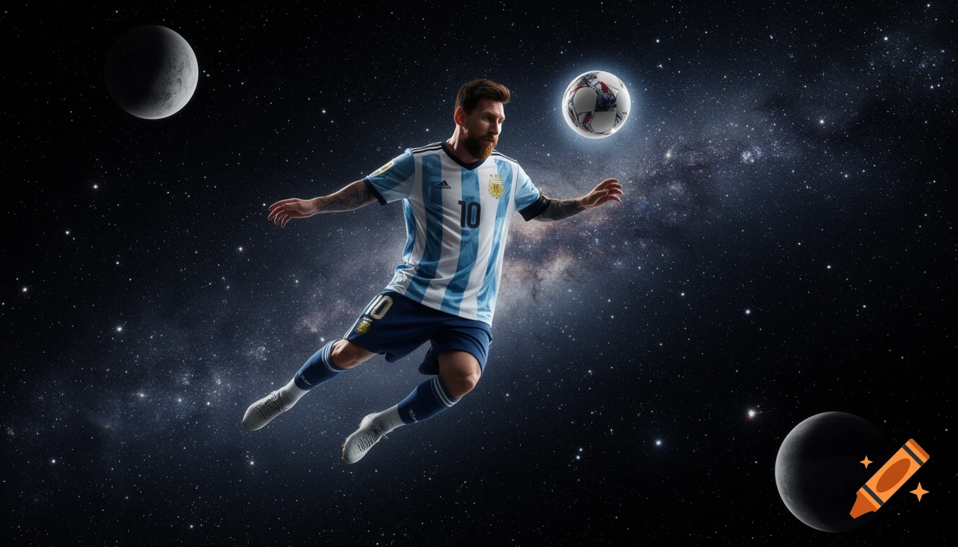 Lionel Messi, in a soccer uniform, floats in deep space among stars and planets, reaching for a glowing soccer ball.