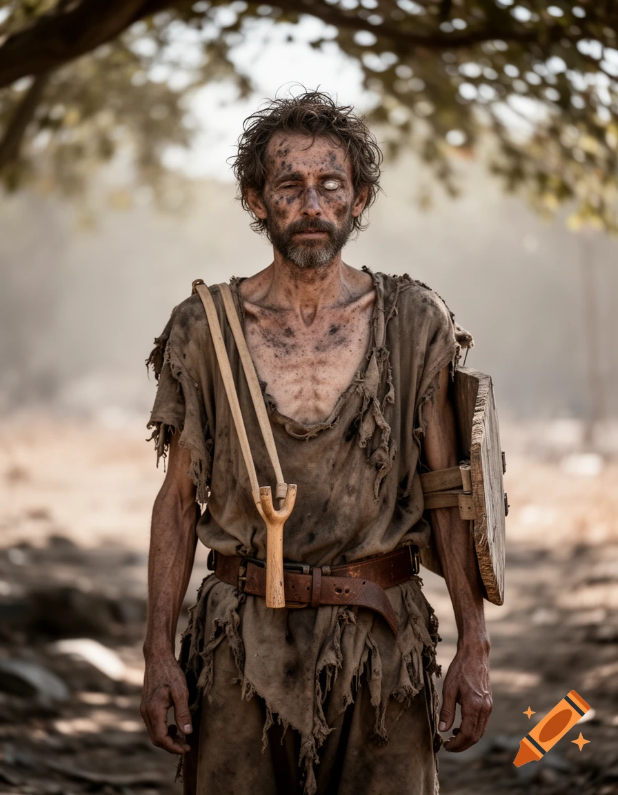 A dirty, thin man in ragged clothes with one cloudy, blind eye, holding a wooden slingshot and an improvised wooden shield, stands in a hazy, outdoor setting.