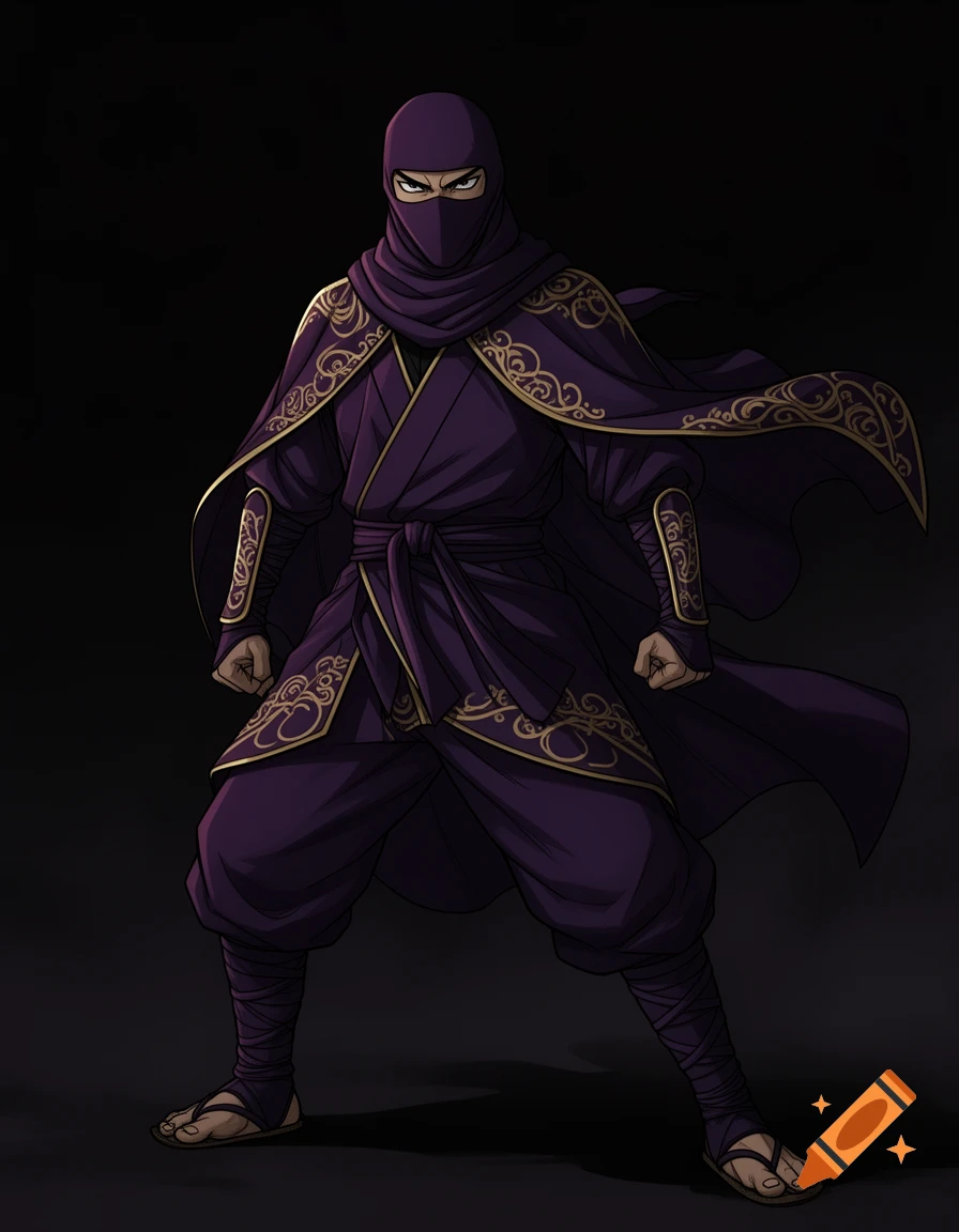 A male ninja in a purple outfit with gold embellishments and a cape stands in a manga art style.