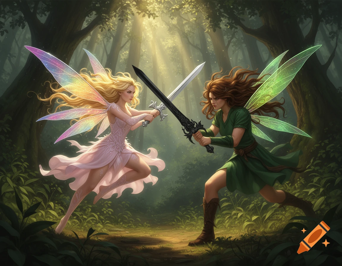 Two fairies, one blonde with rainbow wings and one brown-haired with green wings, fight with swords in an enchanted forest bathed in sunlight.