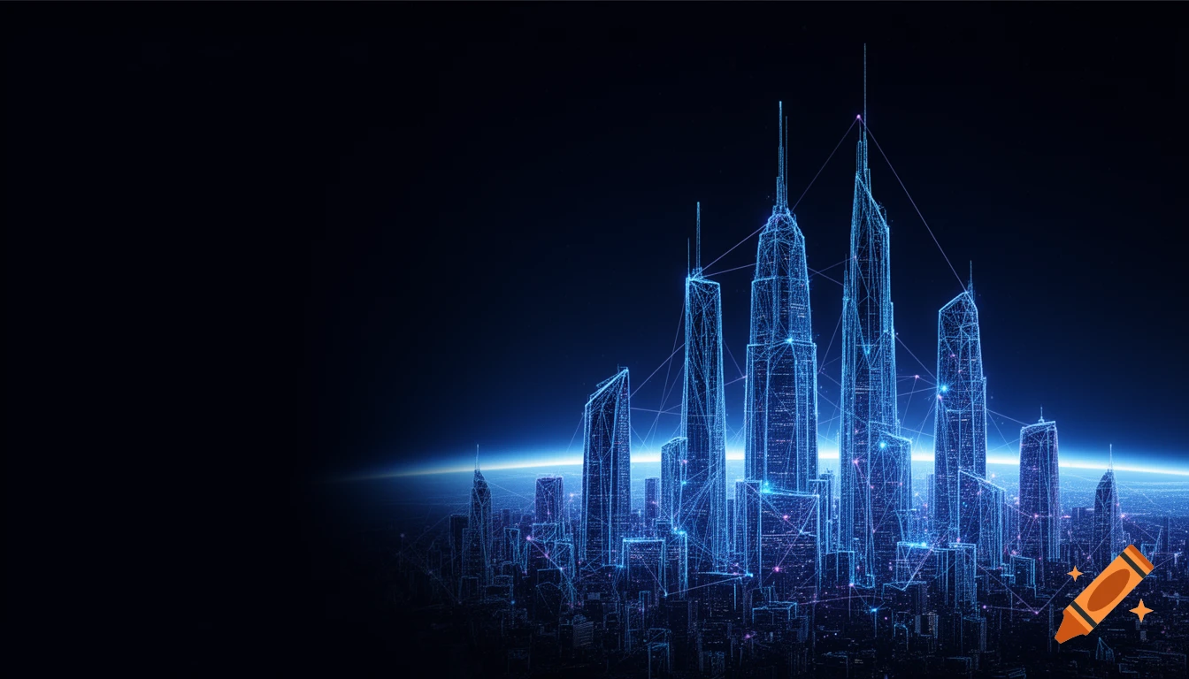 Futuristic city skyline rendered in glowing blue wireframe outlines against a dark background with network lines.