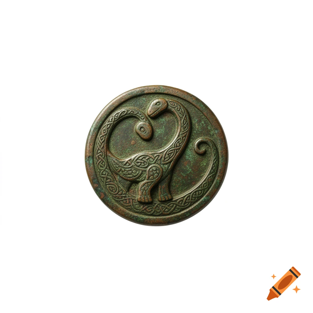 A circular bronze amulet featuring two stylized long-necked creatures intertwined with Celtic knotwork patterns.