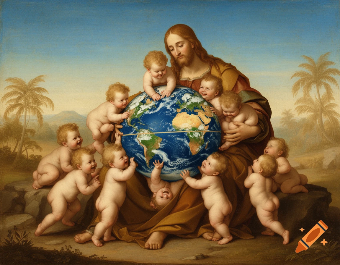 A Renaissance-style oil painting depicts Jesus Christ holding a globe while numerous cherubic toddlers play around it, in a peaceful landscape with palm trees.