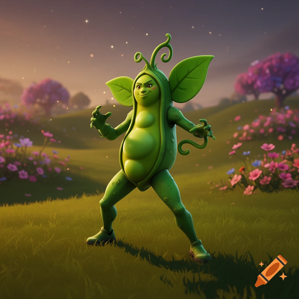 A green pea-pod-like character from Fortnite, with leaf ears and tendrils, stands mischievously in a vibrant fantasy field at dusk.