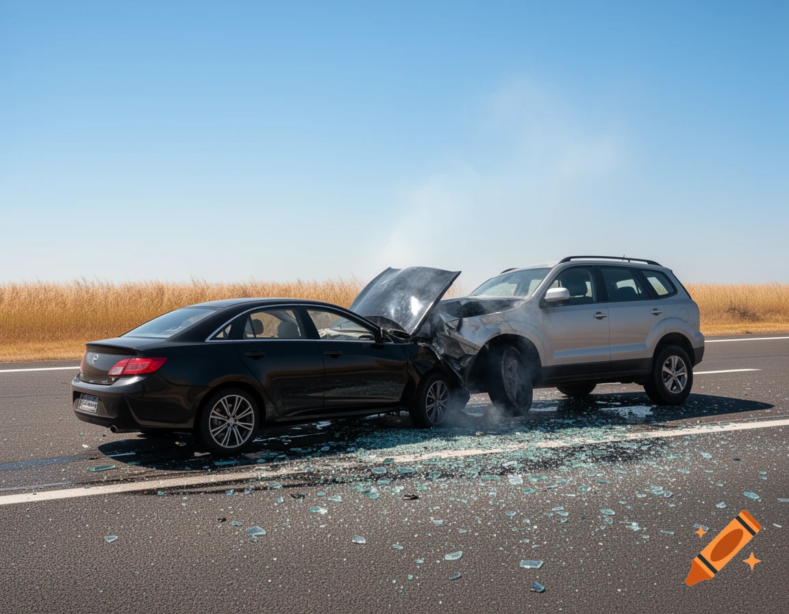 Two cars, a black sedan and a silver SUV, have crashed on a highway with debris scattered on the asphalt under a clear blue sky.