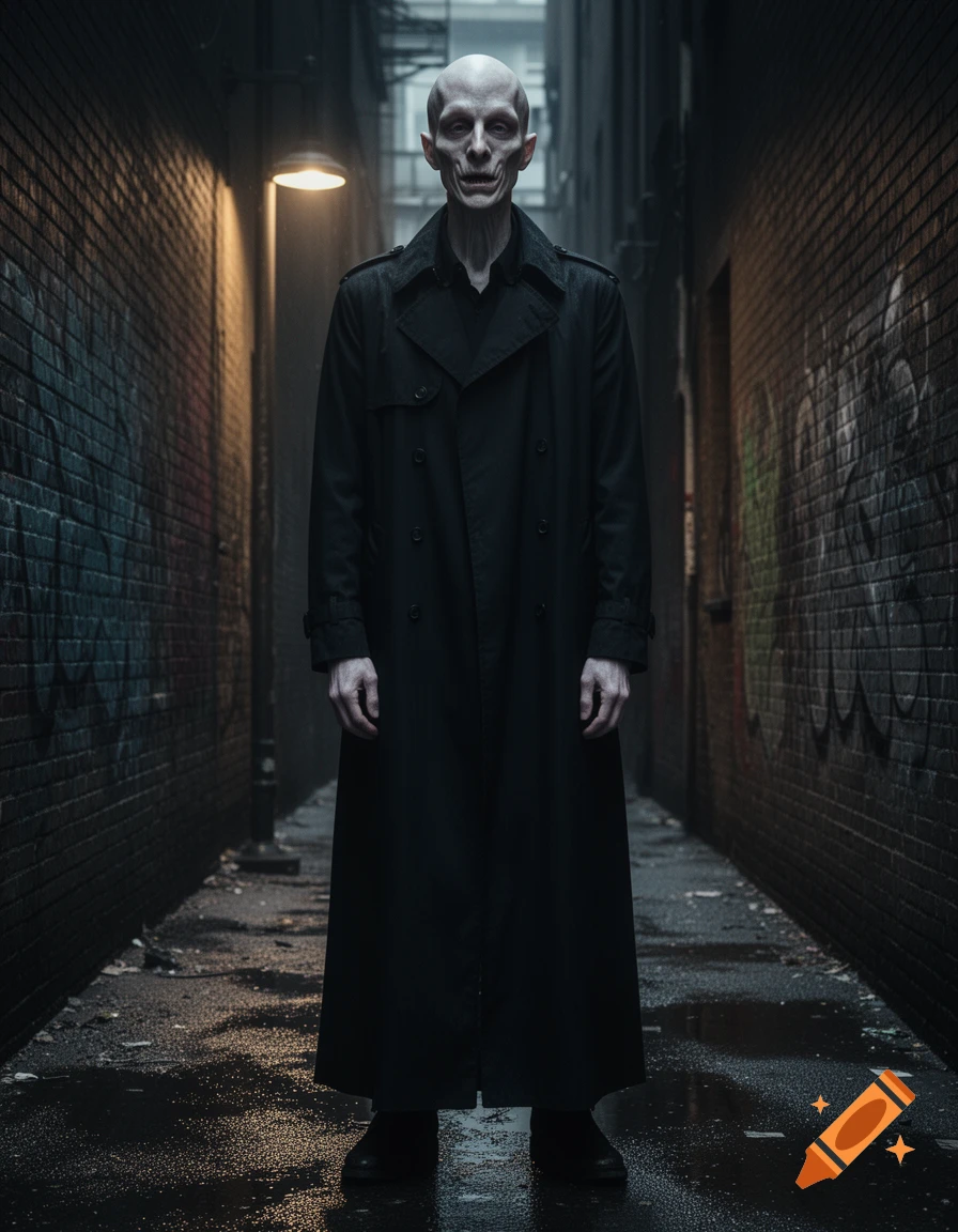 An unnerving bald man with pale, distorted features, wearing a long black trench coat, stands in a dimly lit, wet alleyway with brick walls.