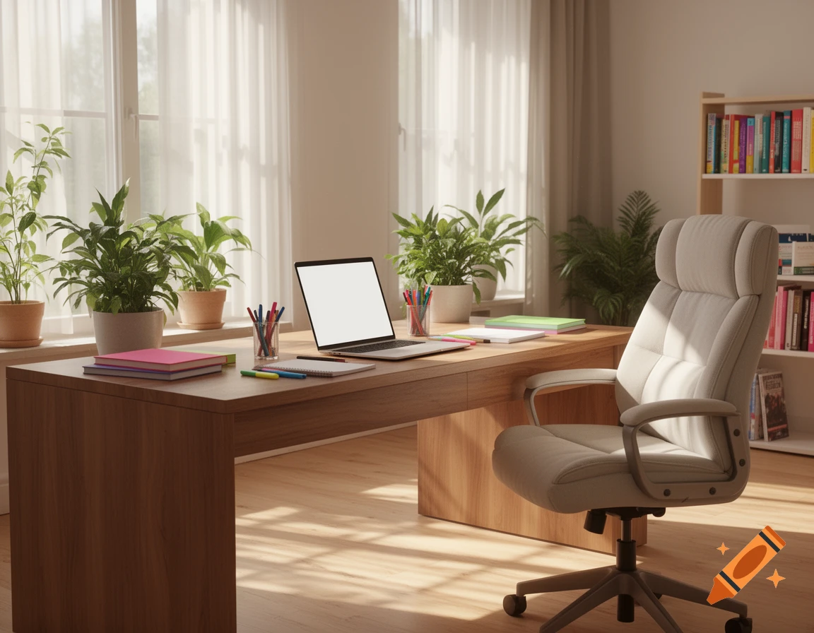 A sunlit home office with a wooden desk, an ergonomic chair, a laptop with a blank screen, and potted plants by a window.