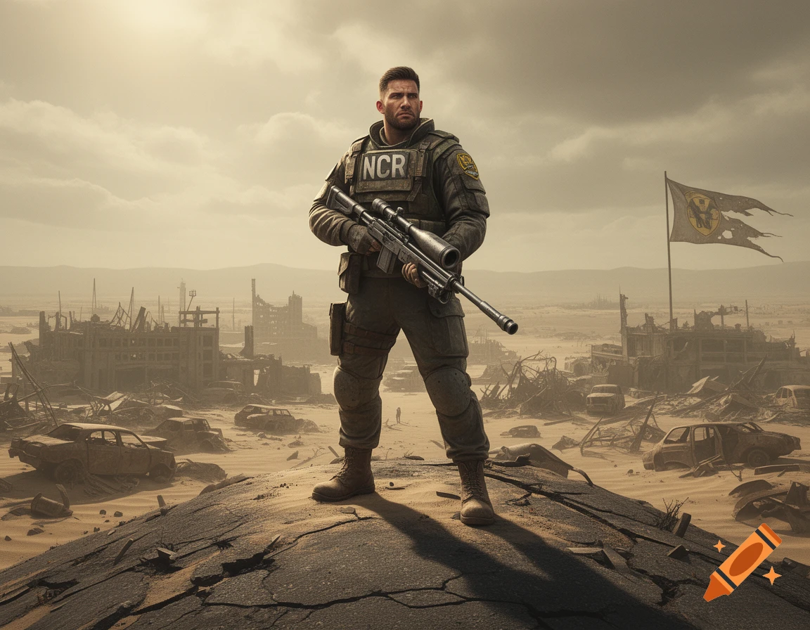 A soldier in an NCR uniform holds a sniper rifle, standing on cracked pavement in a desolate, post-apocalyptic desert city.