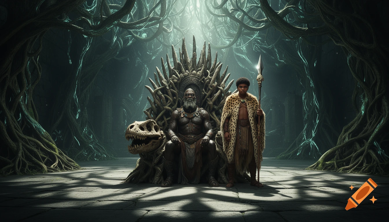 Old African king on a dinosaur skull throne with a young warrior in a cheetah cloak and spear, in a dark fantasy underground root chamber.