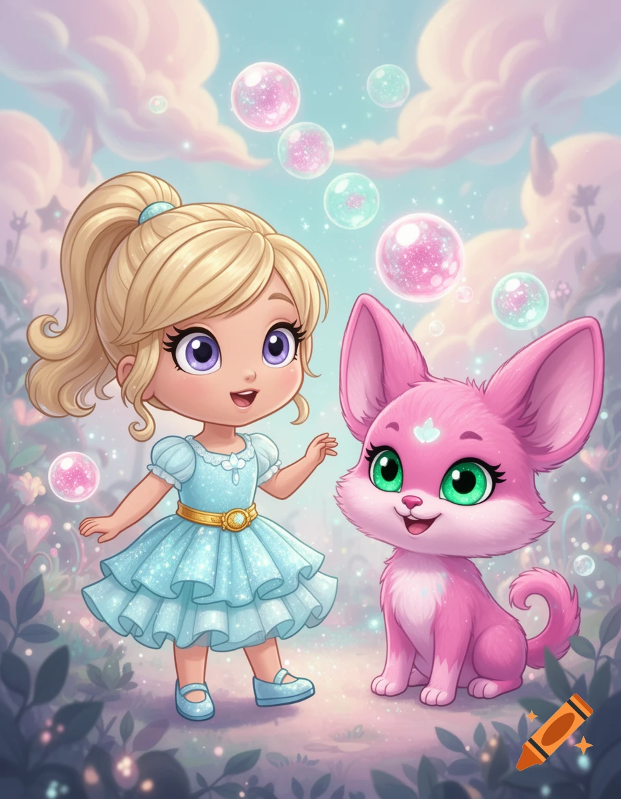 Chibi blonde girl in blue dress with a pink fox-like creature with green eyes in a magical pastel landscape with bubbles.