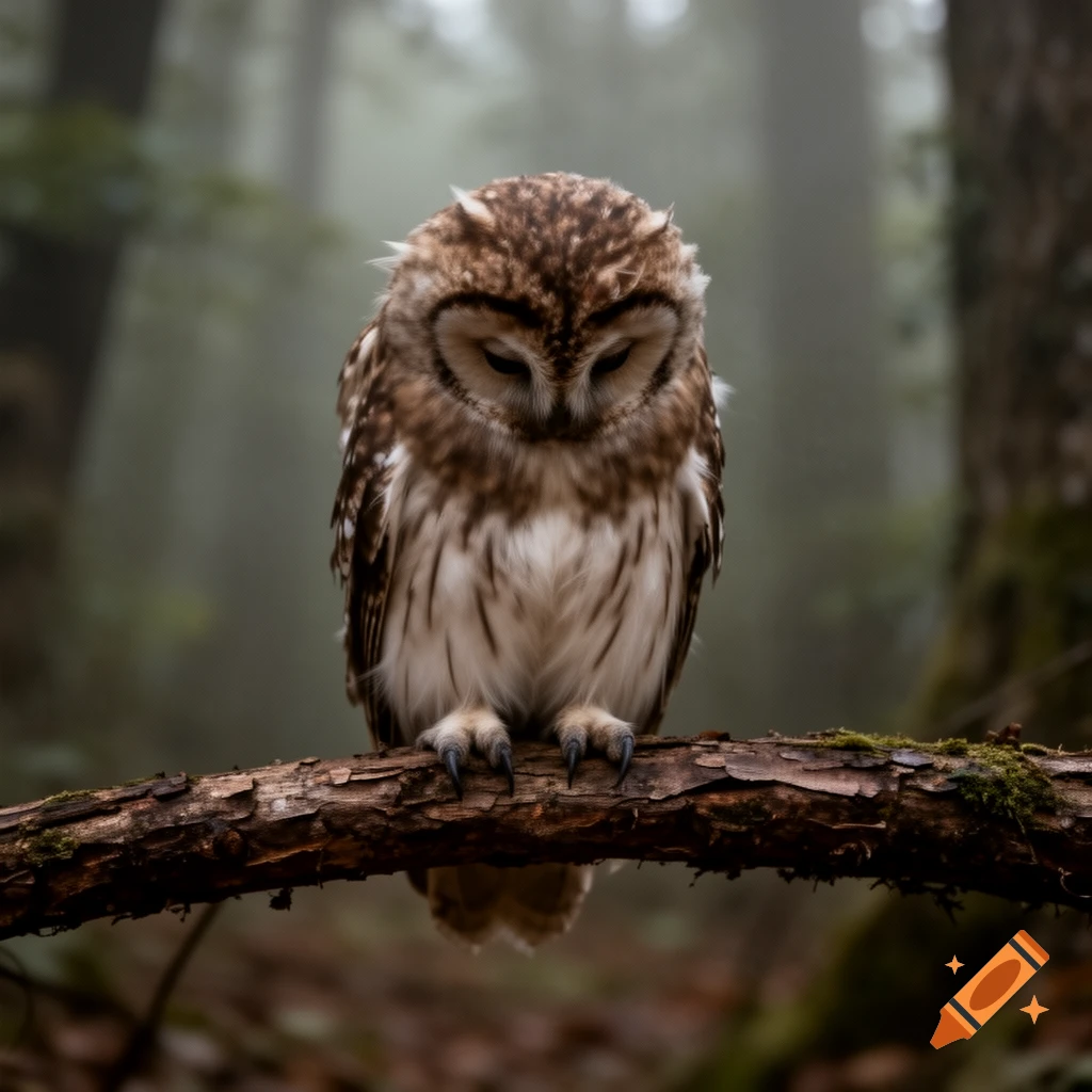 A close-up, photorealistic image of a brown and white owl perched on a branch, looking down, in a misty forest.
