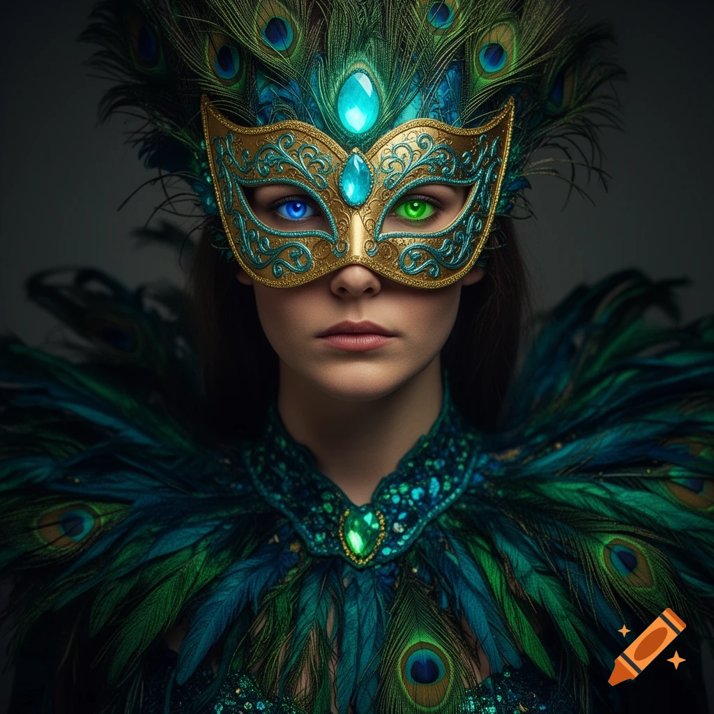 A woman in an elaborate peacock mask and costume with mismatched blue and green eyes.
